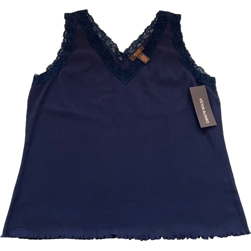 Victor Alfaro Blouse Womens Small 2X Tank V Neck Lace Knit Pullover Navy